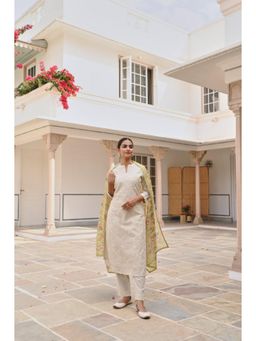 Karaj Jaipur - Women Chanderi Off White Kurta with Pant and Dupatta