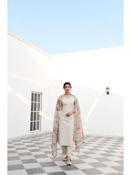 Karaj Jaipur - Women Chanderi Off White Kurta with Pant and Dupatta