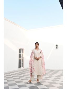 Karaj Jaipur - Women Chanderi Off White Kurta with Pant and Dupatta