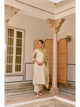Karaj Jaipur - Women Chanderi Off White Kurta with Pant and Dupatta