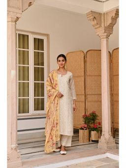 Karaj Jaipur - Women Chanderi Off White Kurta with Pant and Dupatta