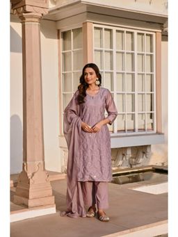 Karaj Jaipur - Women Chanderi Purple Kurta with Pant and Dupatta