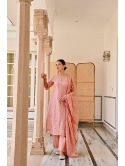Karaj Jaipur - Women Chanderi Peach Kurta with Pant and Dupatta