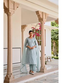 Karaj Jaipur - Women Chanderi Blue Kurta with Pant and Dupatta