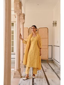 Karaj Jaipur - Women Chanderi Yellow Kurta with Pant and Dupatta