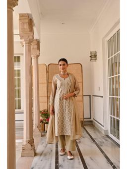 Karaj Jaipur - Women Chanderi Beige Kurta with Pant and Dupatta