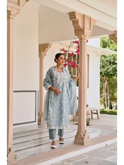 Karaj Jaipur - Women Chanderi Blue Kurta with Pant and Dupatta