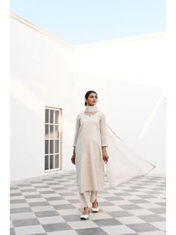 Karaj Jaipur - Women Chanderi Off White Kurta with Pant and Dupatta
