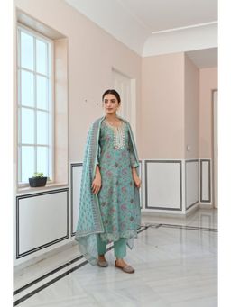 Karaj Jaipur - Women Chanderi Blue Kurta with Pant and Dupatta