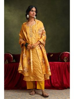 Karaj Jaipur - Women Chanderi Yellow Kurta with Pant and Dupatta
