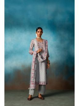 Karaj Jaipur - Women Linen Grey Kurta with Pant and Dupatta