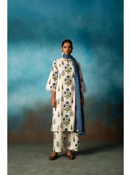 Karaj Jaipur - Women Cotton Blue Kurta with Pant and Dupatta