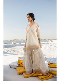 Karaj Jaipur - Women Cotton Cream Kurta with Sharara and Dupatta