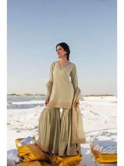 Karaj Jaipur - Women Cotton Green Kurta with Sharara and Dupatta