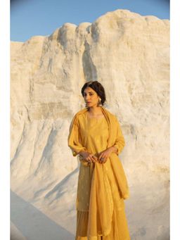 Karaj Jaipur - Women Chanderi Mustard Kurta with Sharara and Dupatta