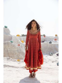 Karaj Jaipur - Women Cotton Red Anarkali Kurta with Pant and Dupatta