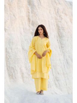 Karaj Jaipur - Women Chanderi Yellow Kurta with Palazzo and Dupatta