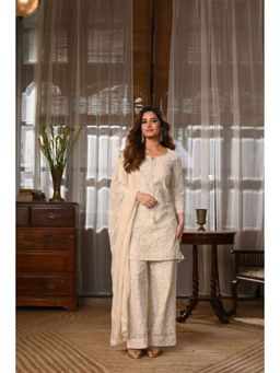 Karaj Jaipur - Women Chanderi Ivory Kurta with Pant and Dupatta