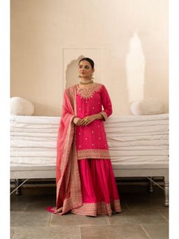 Karaj Jaipur - Women Silk Pink Kurta with Sharara and Dupatta