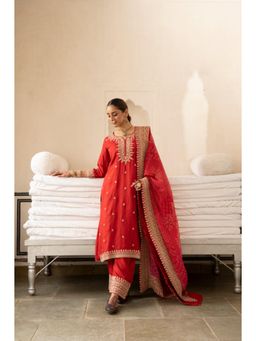 Karaj Jaipur - Women Silk Red Kurta with Pant and Dupatta