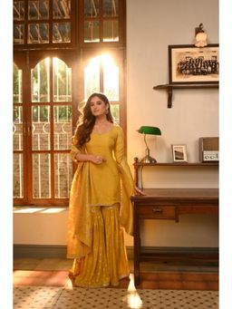 Karaj Jaipur - Women Silk Mustard Kurta with Sharara and Dupatta