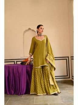 Karaj Jaipur - Women Silk Green Kurta with Sharara and Dupatta