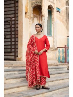 Karaj Jaipur - Women Silk Red Kurta with Pant and Dupatta