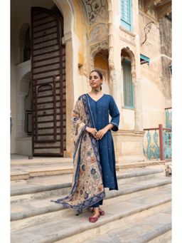 Karaj Jaipur - Women Silk Blue Kurta with Pant and Dupatta