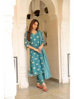 Karaj Jaipur - Women Chanderi Teal Kurta with Pant and Dupatta