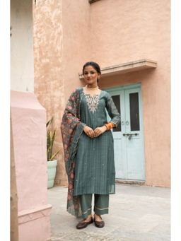 Karaj Jaipur - Women Chanderi Teal Kurta with Pant and Dupatta