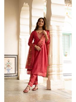 Karaj Jaipur - Women Chanderi Red Kurta with Pant and Dupatta