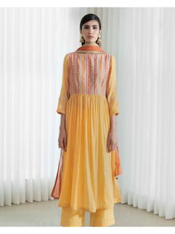 MANDIRA WIRK - Women Chanderi Mustard Kurta with Pant and Dupatta