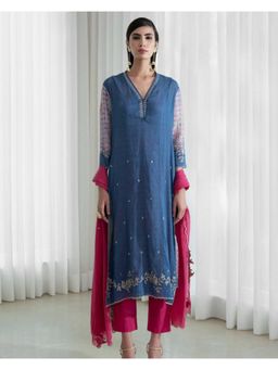 MANDIRA WIRK - Women Chanderi Blue Kurta with Pant and Dupatta