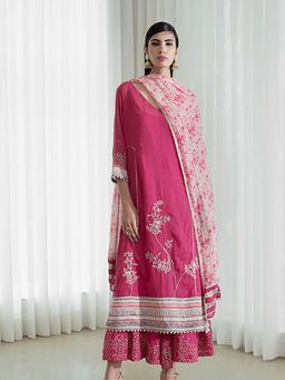 MANDIRA WIRK - Women Chanderi Pink Kurta with Sharara and Dupatta