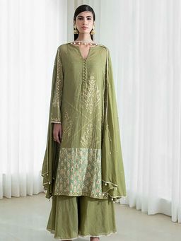 MANDIRA WIRK - Women Mulmul Olive Kurta with Sharara and Dupatta