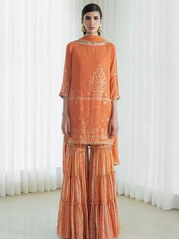 MANDIRA WIRK - Women Chanderi Rust Kurta with Sharara and Dupatta