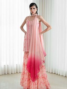MANDIRA WIRK - Women Chanderi Peach Kurta with Sharara and Dupatta