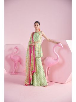 MANDIRA WIRK - Women Chanderi Green Kurta with Sharara and Dupatta