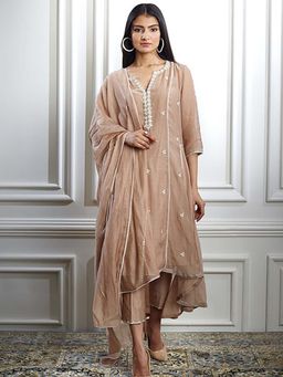 MANDIRA WIRK - Women Chanderi Beige Kurta with Pant and Dupatta
