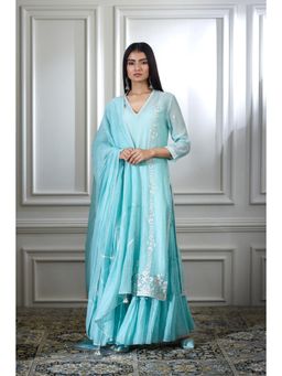 MANDIRA WIRK - Women Chanderi Blue Kurta with Sharara and Dupatta