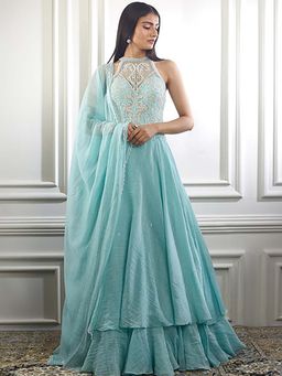 MANDIRA WIRK - Women Chanderi Aqua Anarkali with Churidar and Dupatta