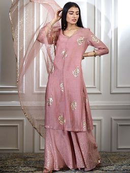 MANDIRA WIRK - Women Chanderi Pink Kurta with Sharara and Dupatta