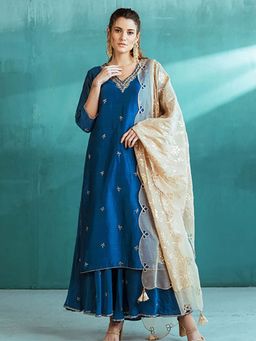 MANDIRA WIRK - Women Chanderi Blue Kurta with Sharara and Dupatta
