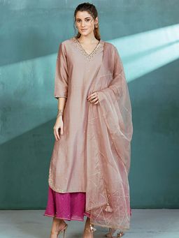 MANDIRA WIRK - Women Chanderi Grey Kurta with Sharara and Dupatta