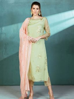 MANDIRA WIRK - Women Chanderi Green Kurta with Pant and Dupatta