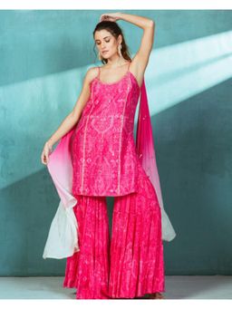 MANDIRA WIRK - Women Chanderi Pink Kurta with Sharara and Dupatta