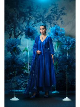 MANDIRA WIRK - Women Chanderi Indigo Anarkali with Churidar and Dupatta