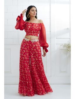 MANDIRA WIRK - Women Chanderi Red Top with Sharara