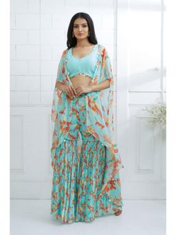 MANDIRA WIRK - Women Chiffon Blue Top with Sharara and Cape