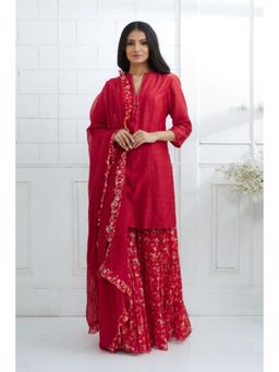 MANDIRA WIRK - Women Chanderi Red Kurta with Sharara and Dupatta